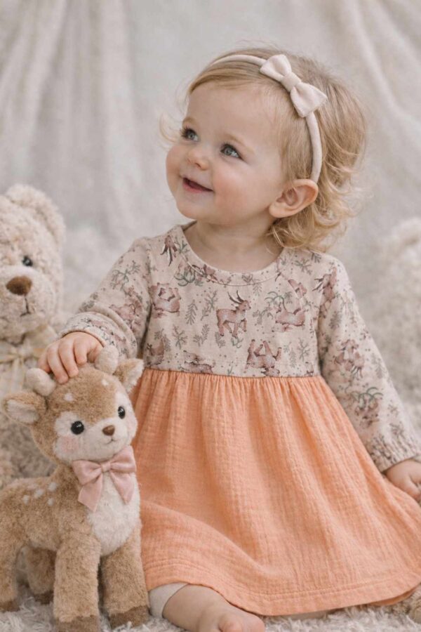 vestido de beba luisina jersey con lycra y gasa doble estampado bosque