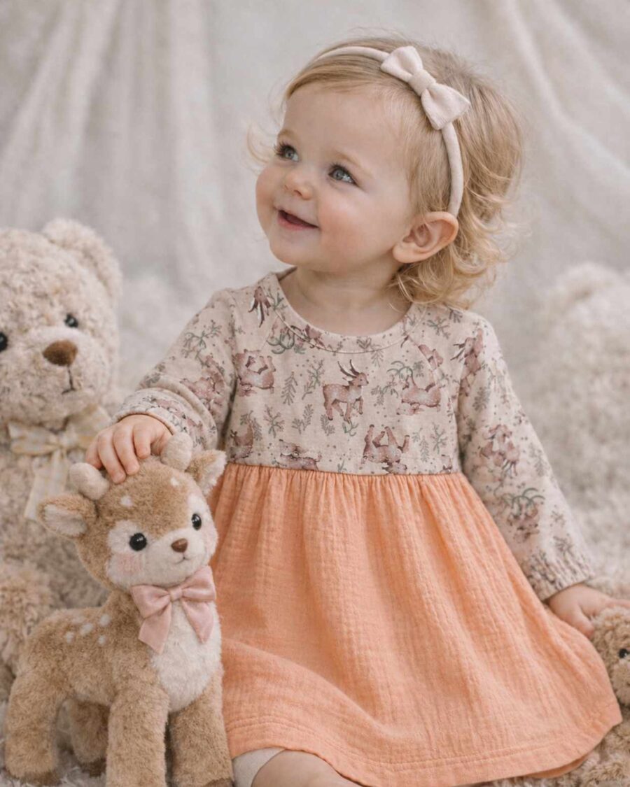 vestido de beba luisina jersey con lycra y gasa doble estampado bosque