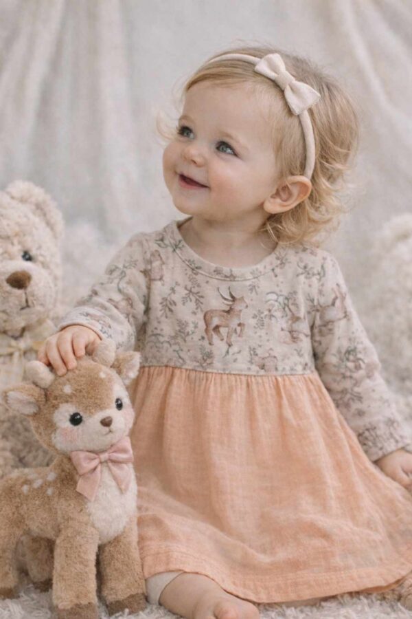vestido de beba luisina jersey con lycra y gasa doble estampado bosque