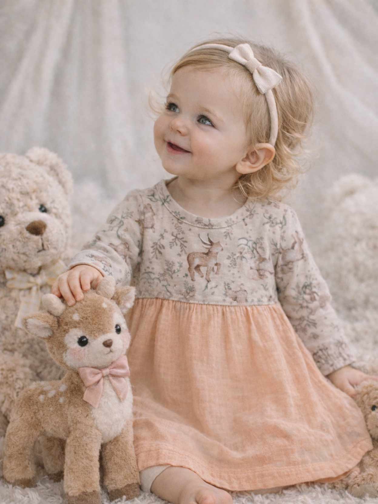 vestido de beba luisina jersey con lycra y gasa doble estampado bosque
