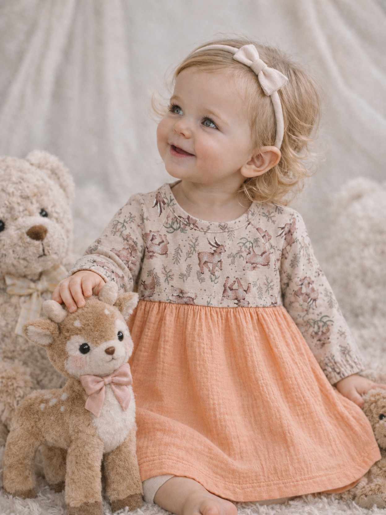 vestido de beba luisina jersey con lycra y gasa doble estampado bosque